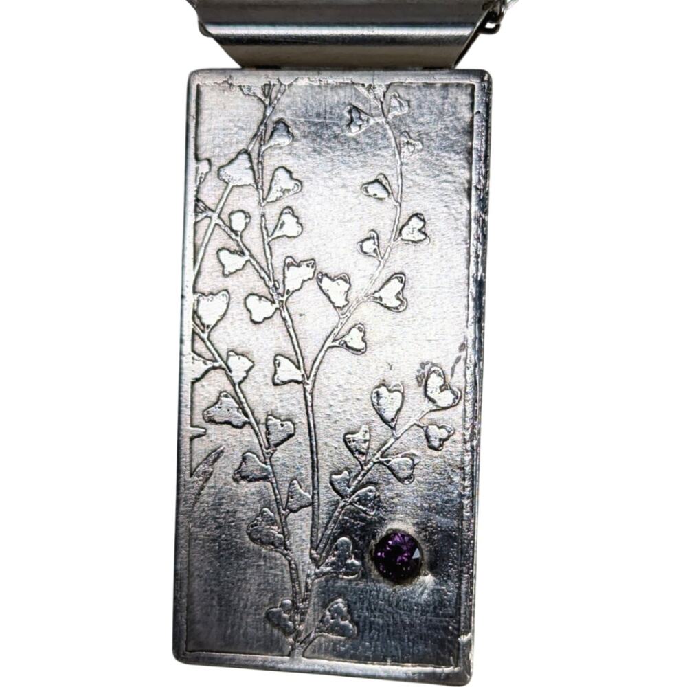 Sterling silver Etched Pendant  +Amethyst 1x 21/8"Lightly oxodized' 24" Sp chain
